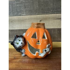 Halloween Ceramic Jack O Lantern Pumpkin Black Cat Mouse Candle Holder